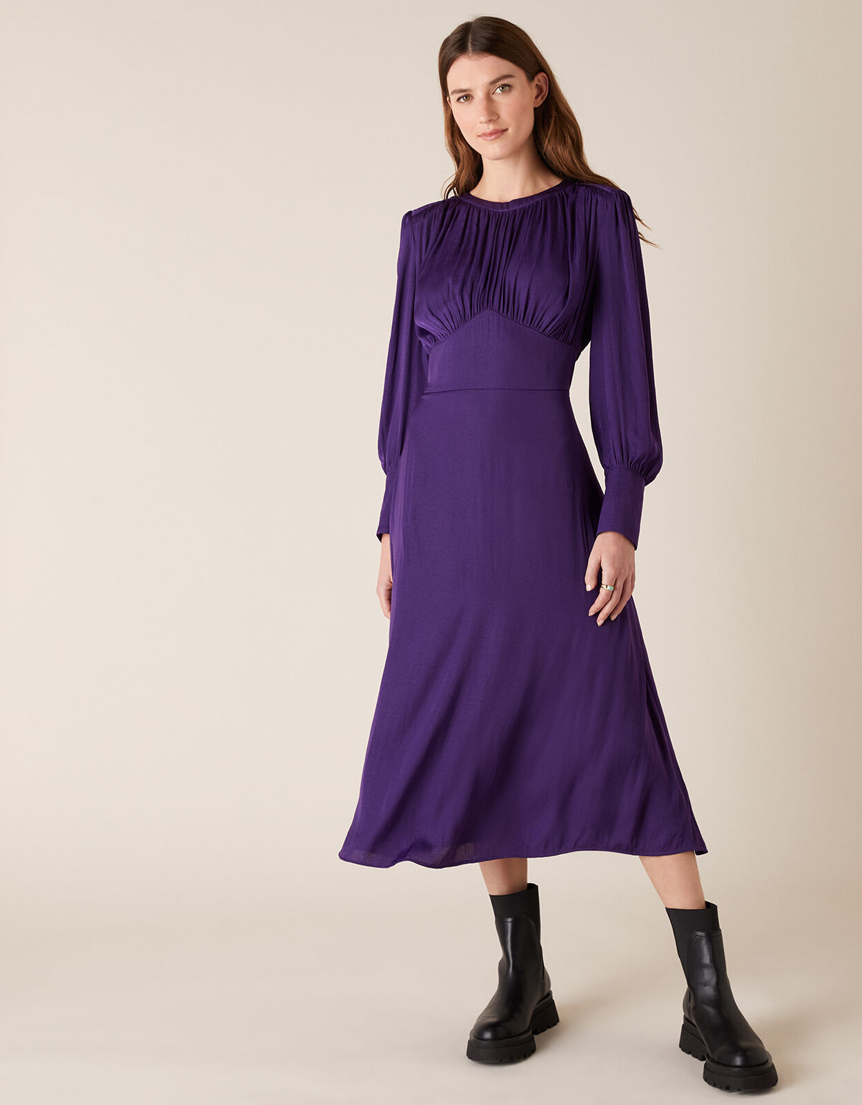 Long Sleeve Satin Midi Dress Purple ...